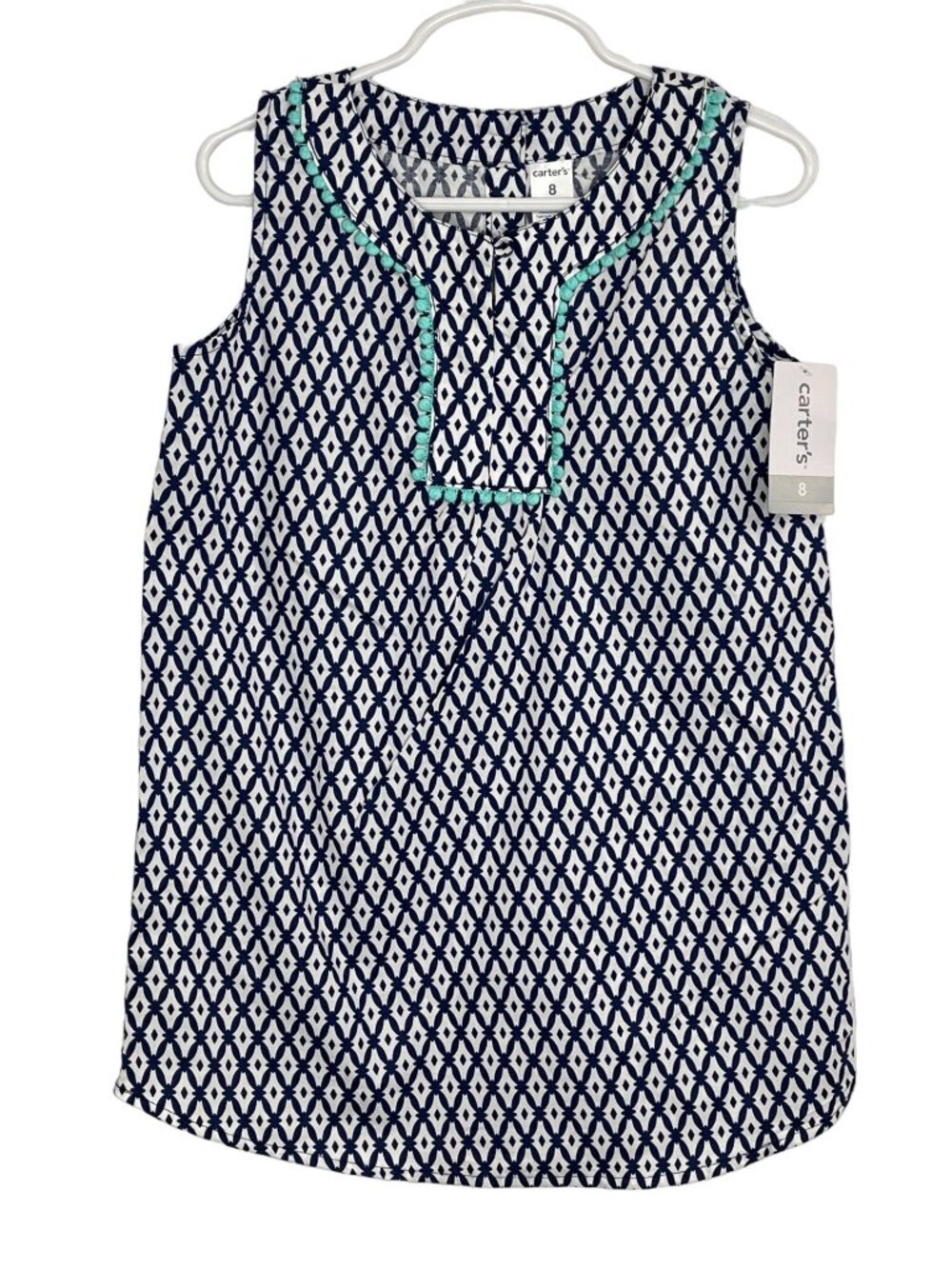 Carters Girls Dress Size 8 Blue White Print Sleeveless Cotton Summer NWT